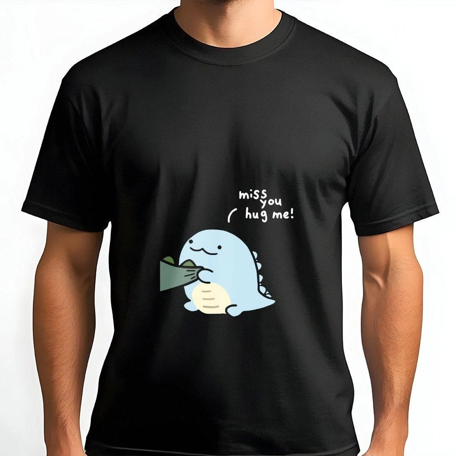 Cute Dinosaur T-Shirt | Kawaii Miss You Hug Me Graphic | Premium Soft Cotton Tee | Romantic Gift for Couples, Boyfriend or Girlfriend