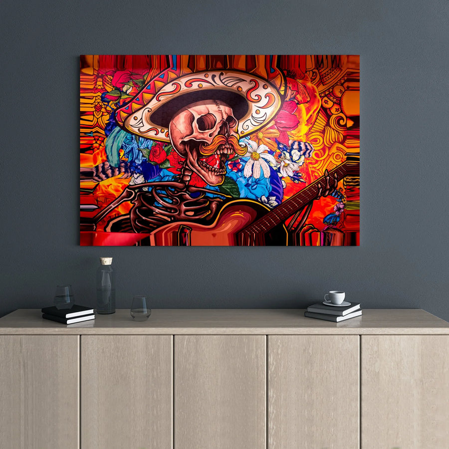 Day Of The Dead Canvas Art | Mariachi Skeleton Playing Guitar | 1.25" Premium Gallery Wrap | Dia De Los Muertos Wall Decor Gift