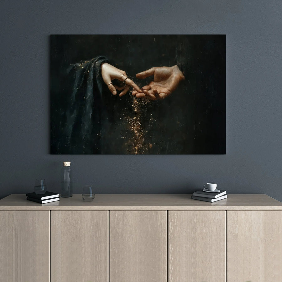 Hands Touching Gold Dust Canvas Art | Dark Academia Aesthetic Wall Decor | 1.25-Inch Gallery Wrap Print | Elegant Spiritual Home Gift