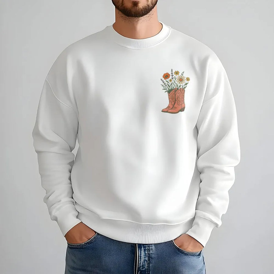 Cowgirl Boots Wildflowers Sweatshirt | Retro Western Floral Boot Graphic | Cozy Cotton Blend | Country Girl Rodeo Apparel Gift for Her