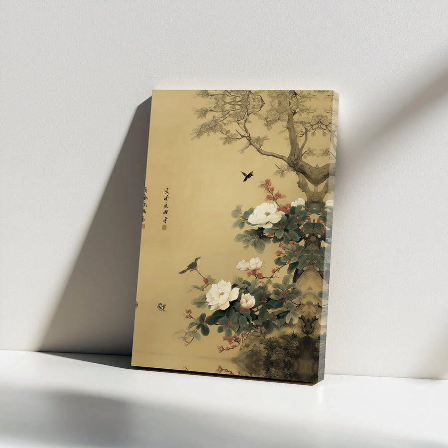 Traditional Chinese Floral Canvas Print | Minimalist Bird and Butterfly Wall Art | 1.25-inch Premium Gallery Wrap | Zen Home Decor Gift