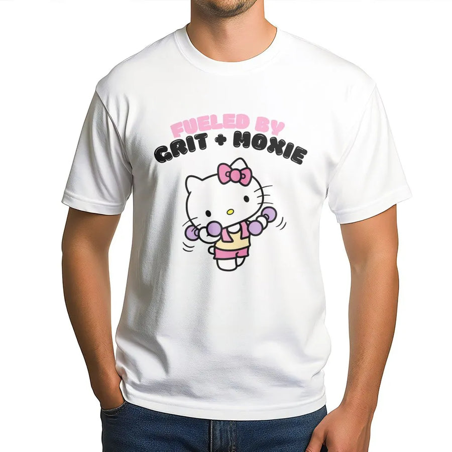 Cute Cat Workout T-Shirt | Fueled by Grit + Moxie Graphic | Premium Unisex Crewneck | Gift for Gym Lover