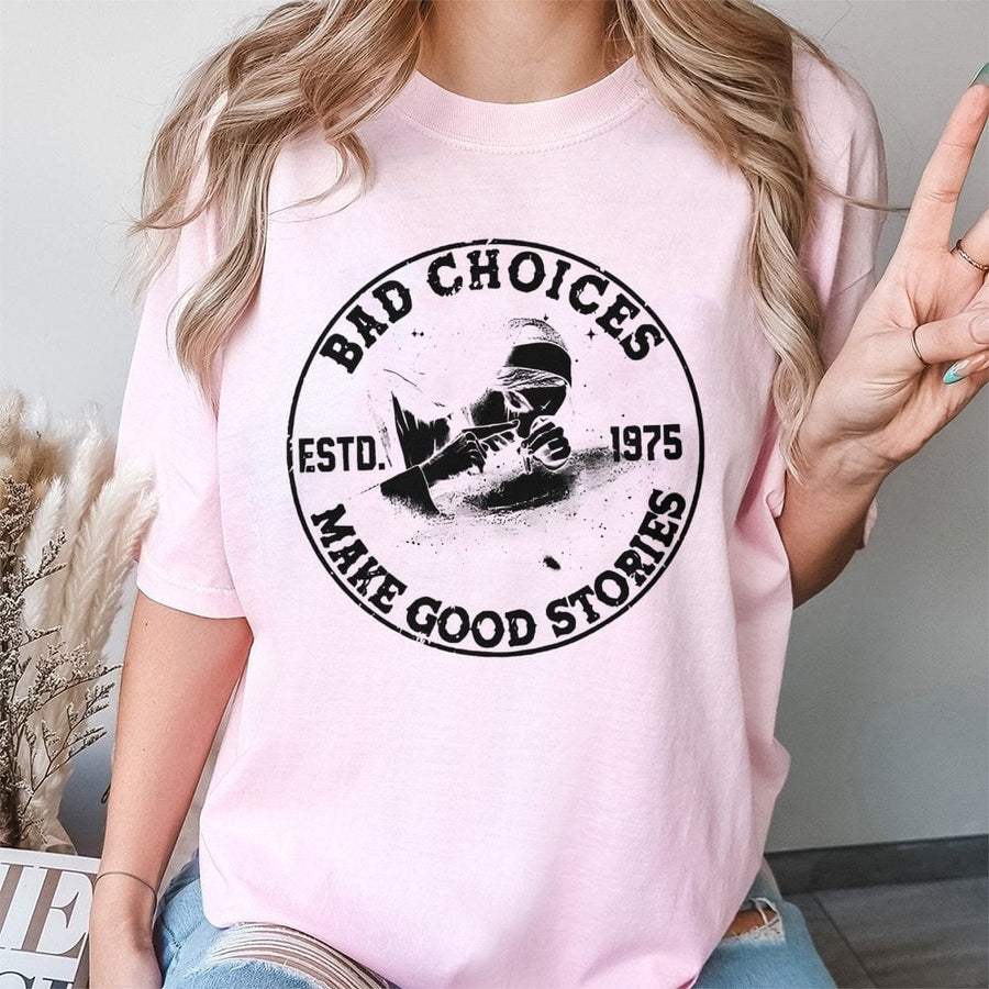 Bad Choices Make Good Stories T-Shirt | Edgy Smoking Nun Graphic Tee | Premium 100% Cotton Apparel | Funny Sarcastic Gift for Men and Women