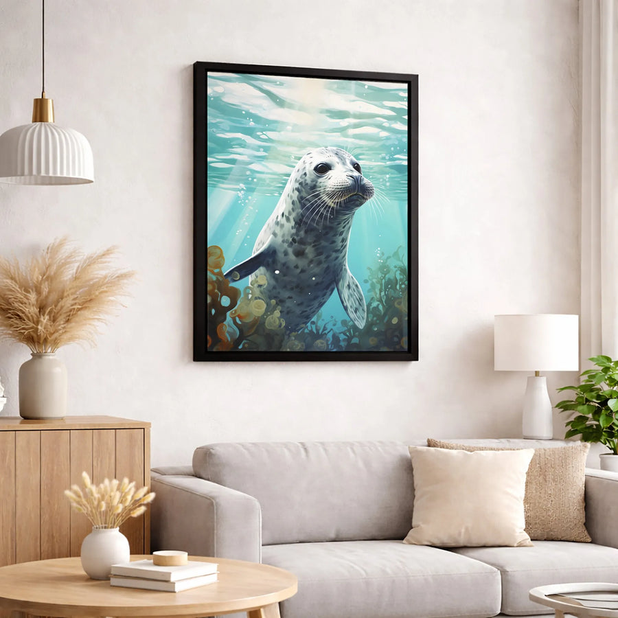 Harbor Seal Canvas Art | Underwater Ocean Wildlife Illustration | Premium Gallery Wrapped Print | Coastal Home Decor Gift for Ocean Lovers