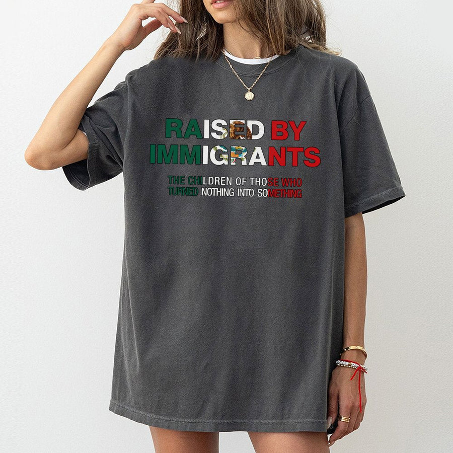 Raised By Immigrants T-Shirt | Mexican Heritage Flag Graphic Tee | Premium 100% Cotton | Meaningful Cultural Gift for First Generation Proud
