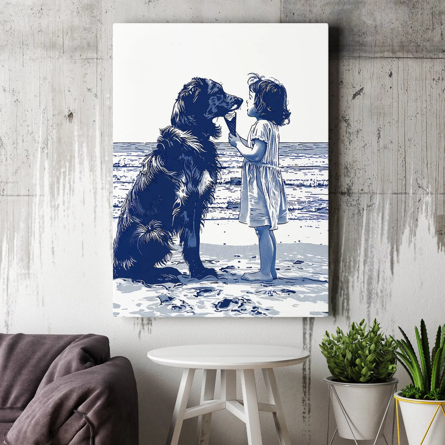 Girl And Dog Beach Canvas Art | Sweet Ice Cream Summer Illustration | Premium Gallery Wrapped Print | Heartwarming Coastal Decor Gift