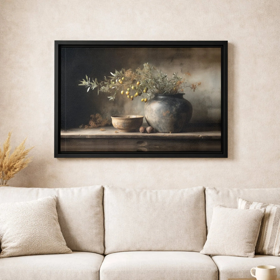 Rustic Still Life Canvas Wall Art | Olive Branch & Ceramic Pot Print | Gallery-Quality 1.25" Profile | Moody Farmhouse Home Decor