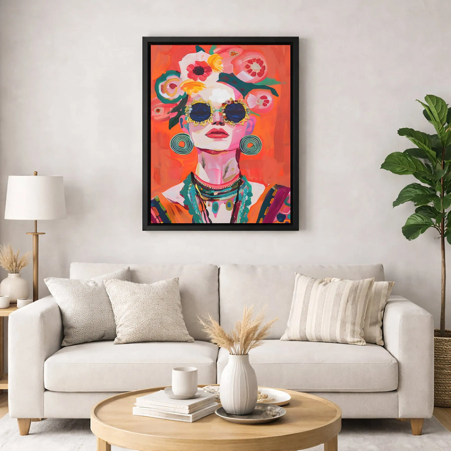 Abstract Woman Canvas Art | Floral Headdress & Bejeweled Sunglasses | Gallery-Quality Fade-Resistant Print | Bohemian Home Decor Gift