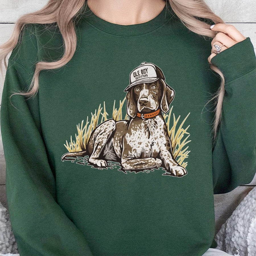 German Shorthaired Pointer Sweatshirt | Hunting Dog In Hat Graphic | Premium Cotton Blend | Gift For Dog Lovers And Outdoorsmen