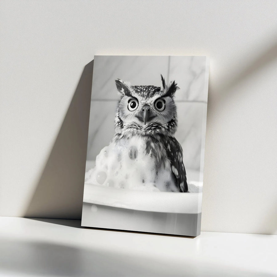 Funny Owl Vertical Canvas Print | Surprised Bird in Bathtub Black & White Photo | Premium Wall Art | Quirky Bathroom Decor & Housewarming Gift