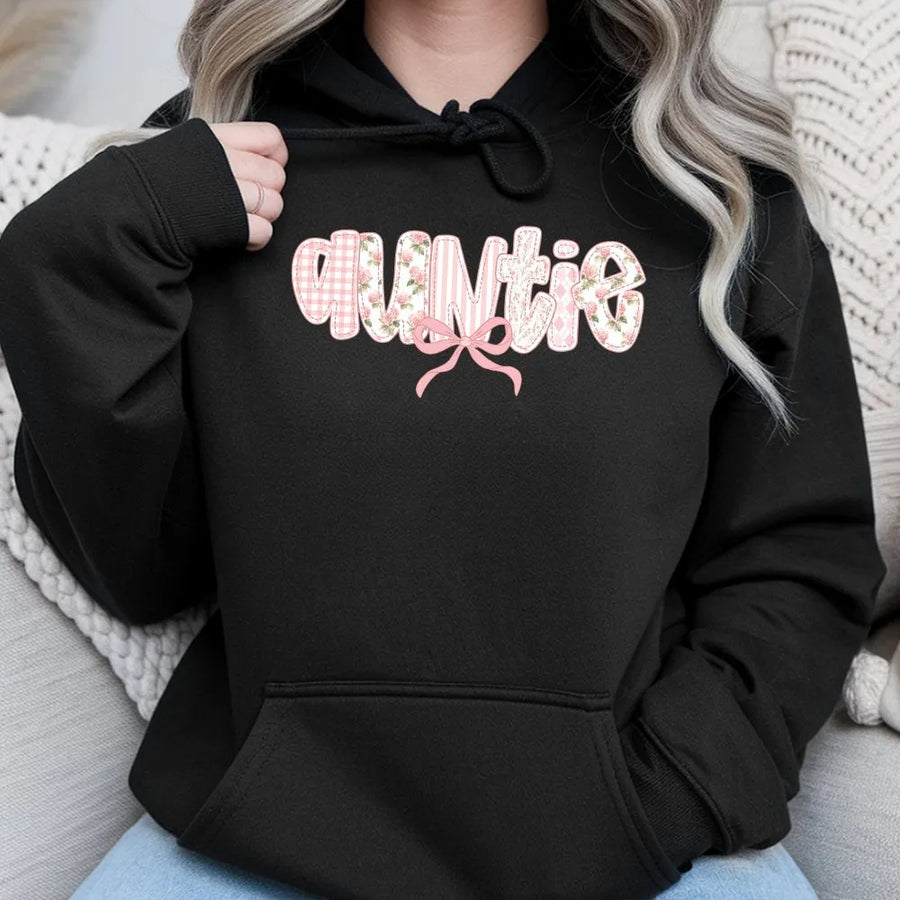 Auntie Hoodie | Floral Gingham Patchwork Graphic | Premium Cotton-Blend Sweatshirt | Gift For New Aunt