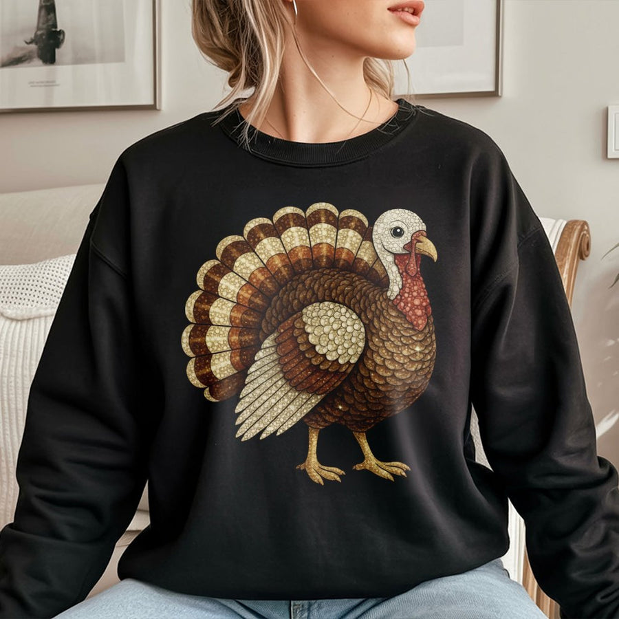 Turkey Thanksgiving Sweatshirt | Faux Rhinestone Mosaic Graphic | Premium Cotton Blend | Cozy Fall Apparel Gift for Women and Men