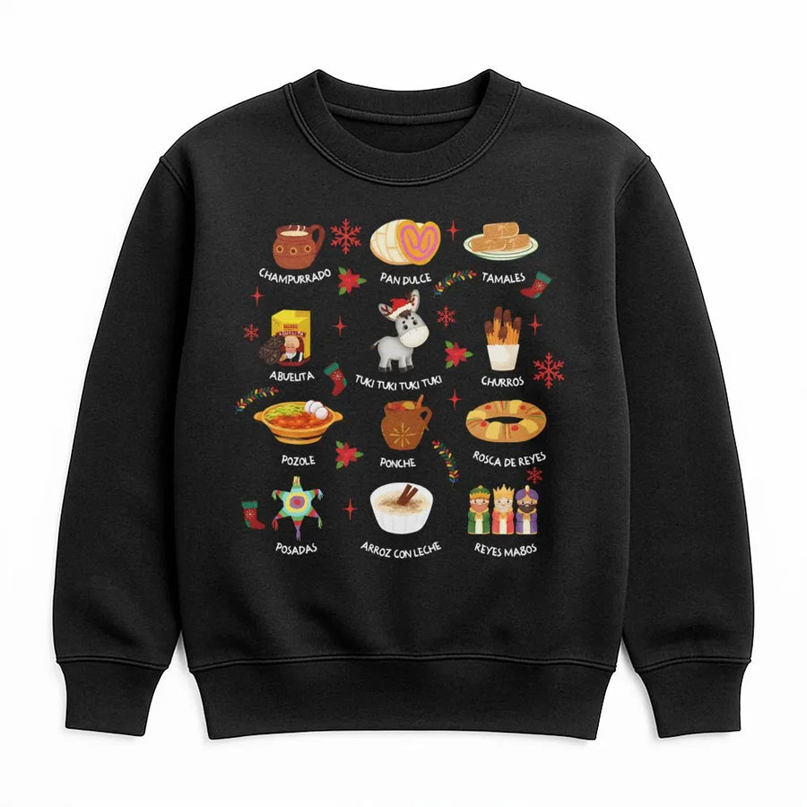 Mexican Christmas Sweatshirt | Traditional Holiday Food Graphics | Premium Cotton Blend Crewneck | Latina Festive Gift for Holiday Lovers