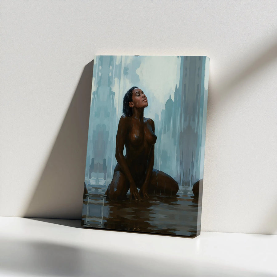 Black Woman Art Canvas Print | Expressive Figurative Painting in Rain | Premium Gallery Wrapped Canvas | Modern Home Decor Gift for Art Collector
