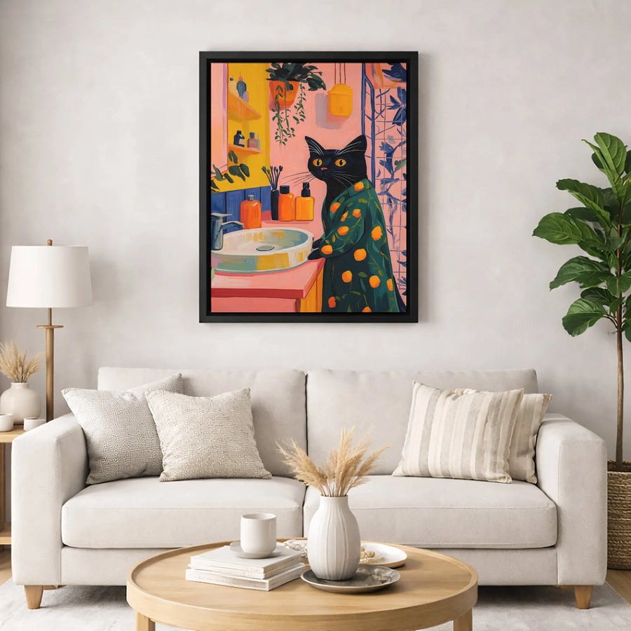 Black Cat Bathroom Wall Art | Quirky Orange Robe Illustration | Gallery-Quality 1.25" Thick Canvas Print | Whimsical Home Decor Gift for Cat Lovers