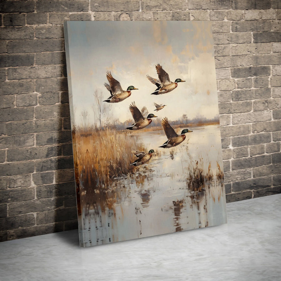 Flying Mallard Ducks Canvas Wall Art | Rustic Marsh Landscape Painting | Premium Gallery Wrap Print | Nature Inspired Home Decor Gift