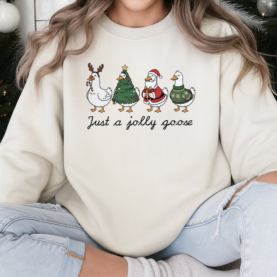 Just A Jolly Goose Sweatshirt | Cute Christmas Duck Holiday Graphic | Soft Cotton-Blend Unisex Crewneck | Funny Animal Lover Gift