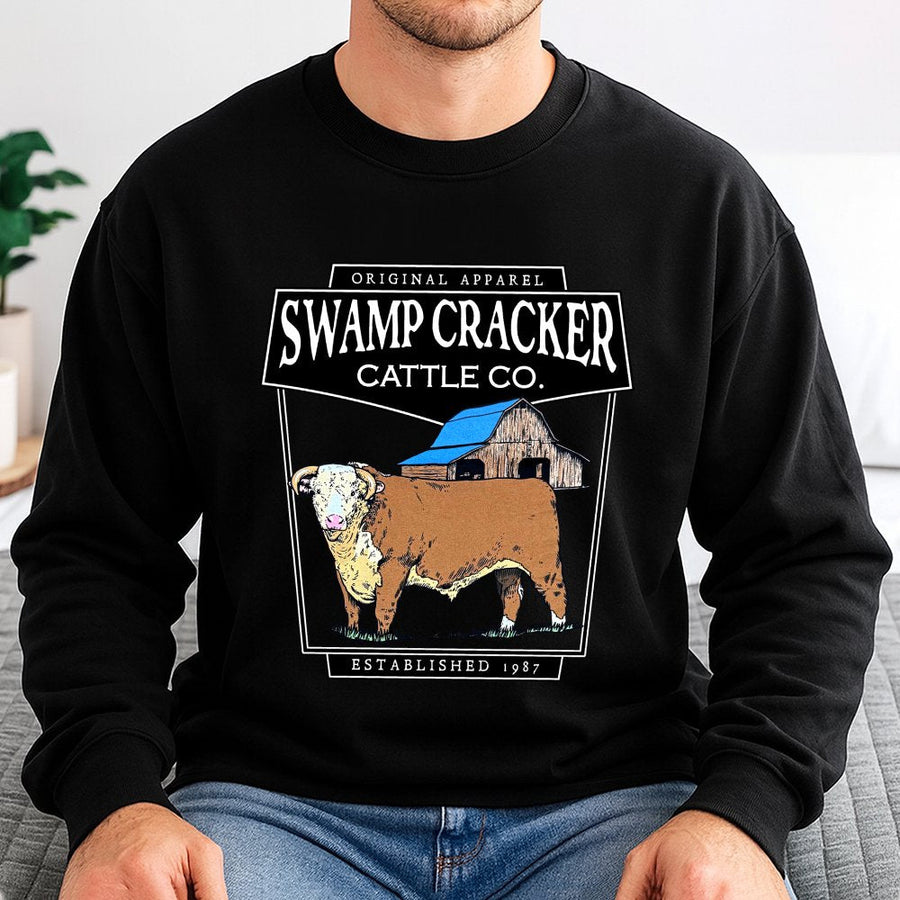 Swamp Cracker Cattle Co Sweatshirt | Vintage Farm Bull Graphic Print | Premium Cotton Blend | Country Western Gift for Ranchers and Farmers