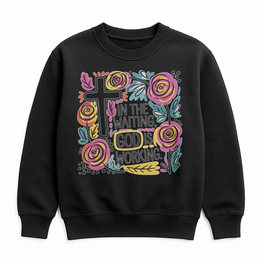 In The Waiting God Is Working Sweatshirt | Floral Cross Christian Graphic | Premium Unisex Cotton Blend | Faithful Gift For Her And Him