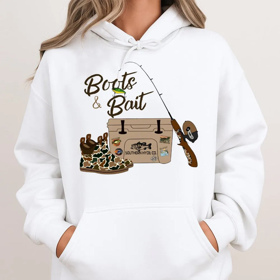 Boots And Bait Fishing Hoodie | Country Western Outdoors Graphic | Premium Cotton Blend | Gift For Angler Lake Life Enthusiast