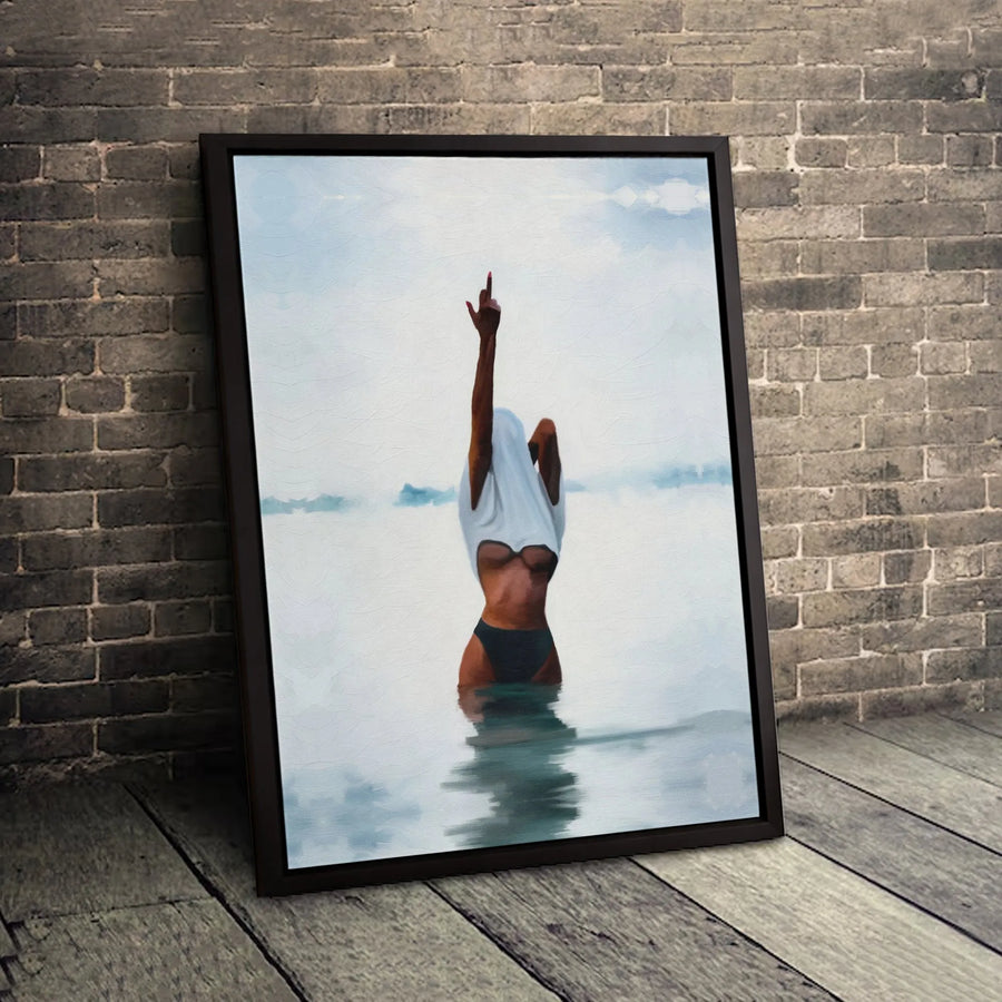 Edgy Woman Middle Finger Canvas Wall Art | Ocean Water Aesthetic Painting | Gallery-Quality 1.25-Inch Profile | Statement Piece for Modern Home Decor