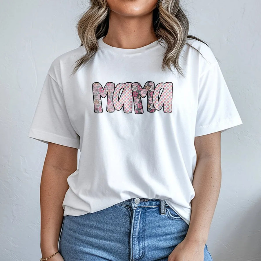 Mama T-Shirt | Preppy Floral Checkerboard Letters | Premium Cotton Blend | Mothers Day Gift for New Mom