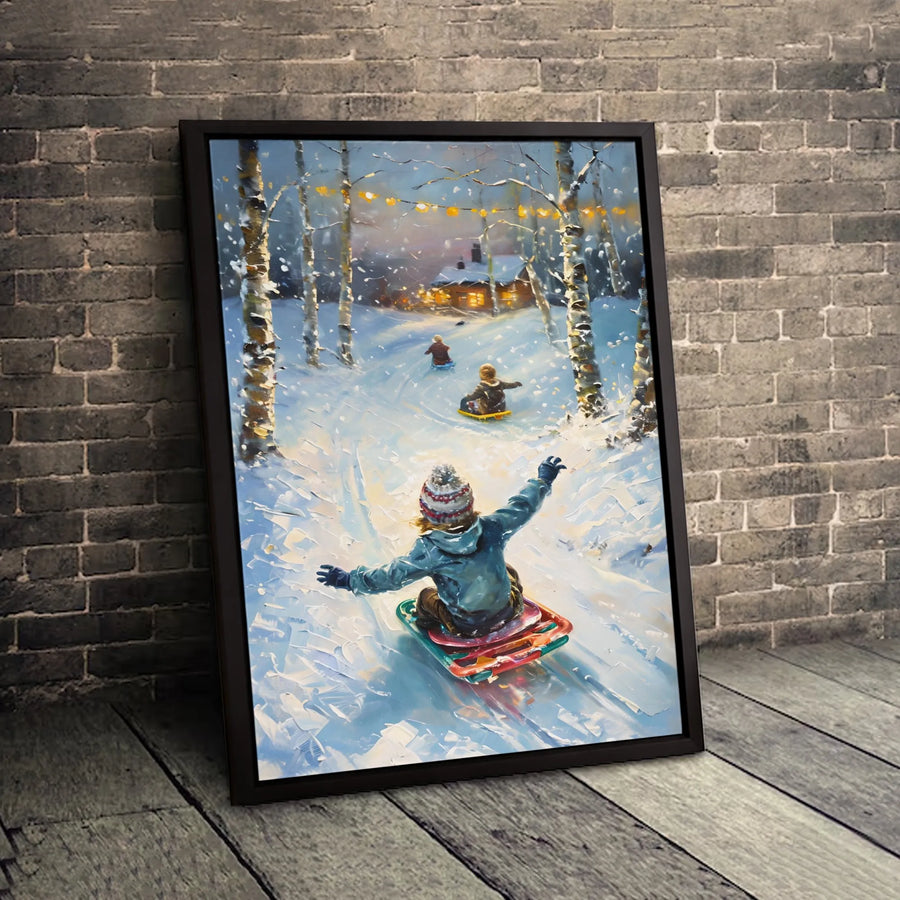 Winter Sledding Kids Canvas Art | Snowy Forest Impressionist Painting | Premium 1.25" Gallery Wrap | Cozy Holiday Home Decor Wall Print
