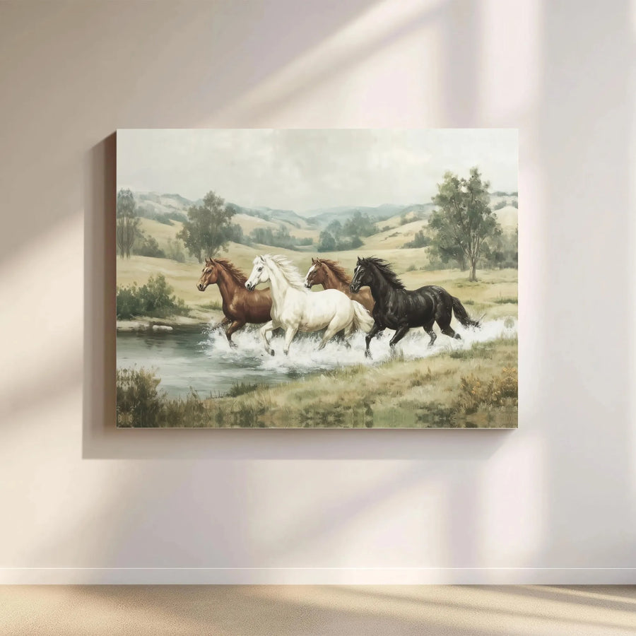 Four Horses Running Canvas Art | Majestic Equine River Landscape | Premium Gallery Wrap Print | Western Country Home Decor Gift