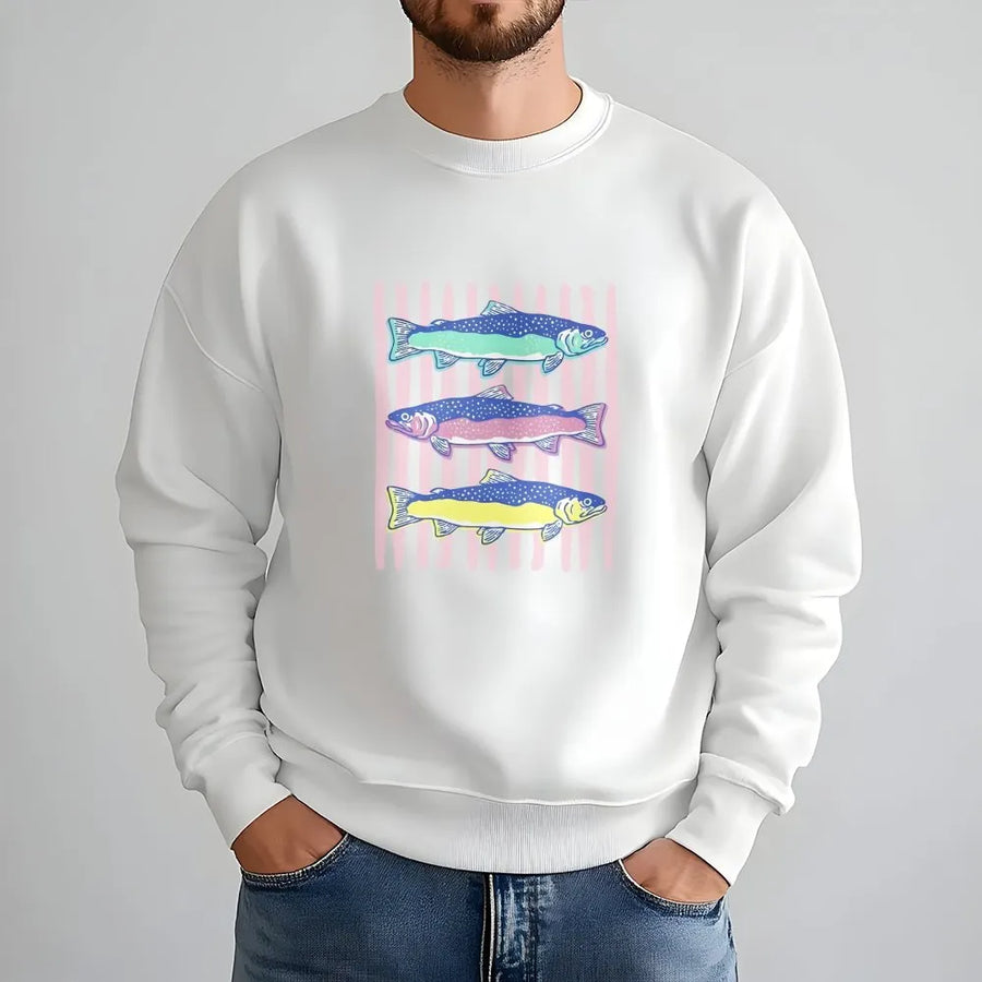 Striped Trout Sweatshirt | Preppy Fishing Crewneck with Colorful Fish Graphic | Cozy Cotton Blend | Trendy Angler Gift for Her