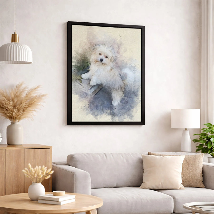 White Dog Watercolor Canvas Wall Art | Fluffy Puppy Portrait | Premium Gallery Wrapped Decor | Gift for Dog Lovers