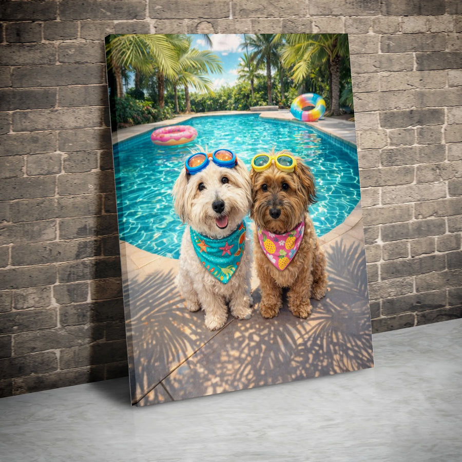Dogs by Pool Canvas Art | Funny Puppies Wearing Sunglasses | Premium Gallery Wrapped Canvas | Humorous Wall Decor Gift for Dog Lover