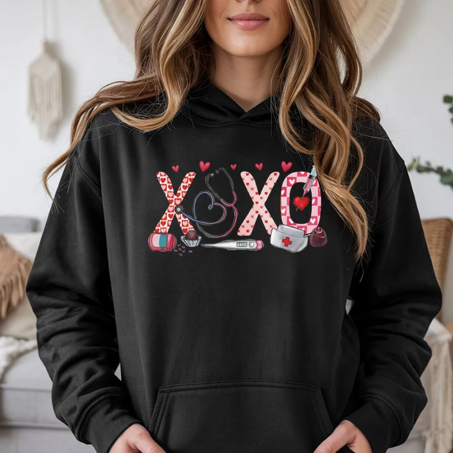 XOXO Nurse Hoodie | Valentine Medical Heart Stethoscope Design | Cotton-Poly Blend Soft Sweatshirt | Romantic Nurse Gift for Valentine’s Day
