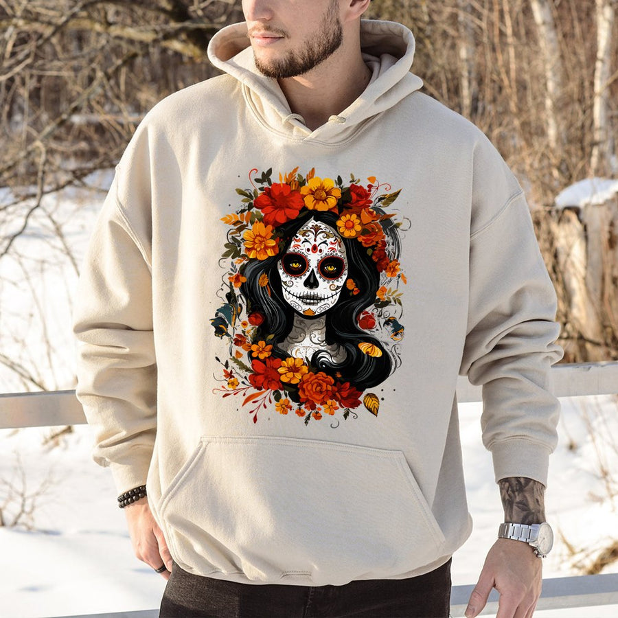 Day Of The Dead Hoodie | Sugar Skull La Catrina Floral Design | Premium Cotton Blend | Gift For Mexican Heritage Cultural Art Enthusiasts