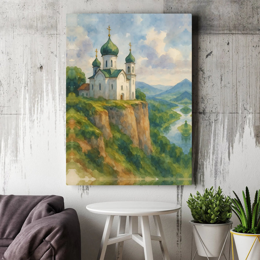 Orthodox Church Canvas Wall Art | Watercolor Landscape Painting | Premium Gallery Wrapped Canvas | Spiritual Home Decor Gift for Christian Art Lovers