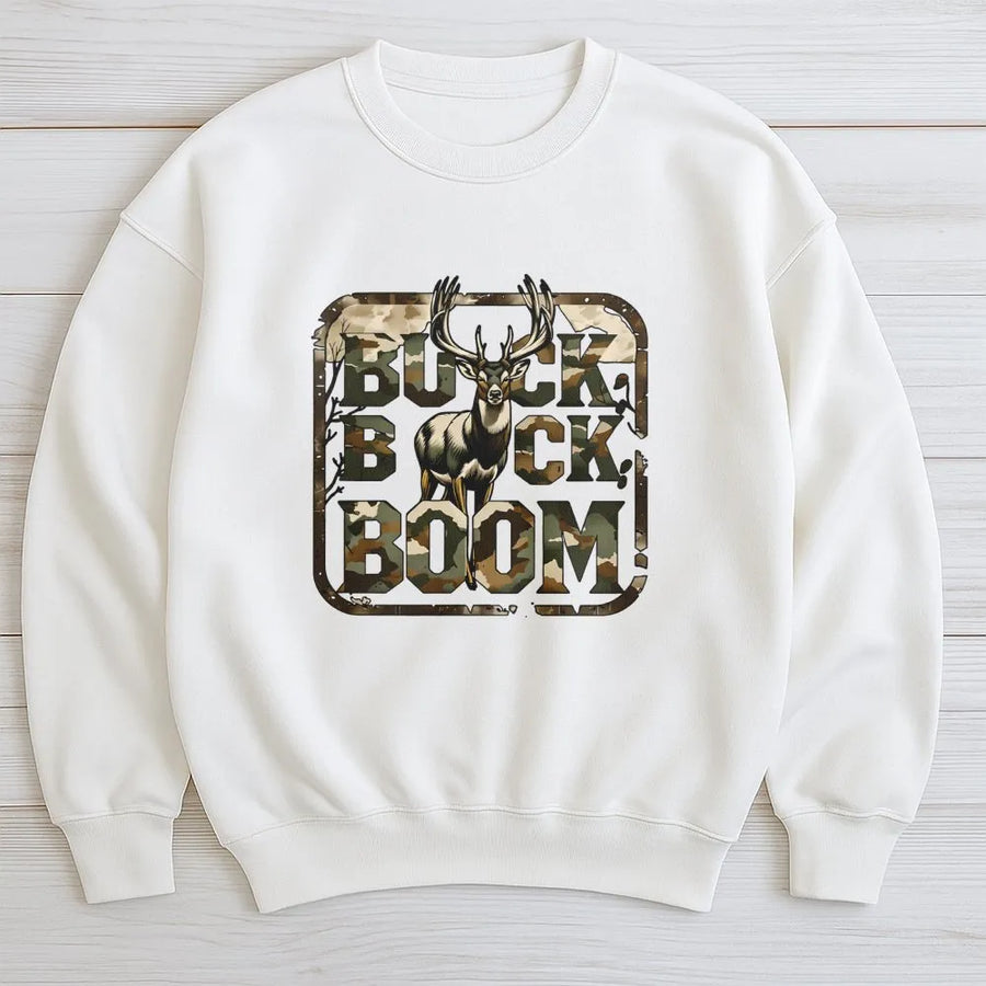 Buck Buck Boom Hunting Sweatshirt | Camo Deer Graphic Print | Premium Cotton Blend Unisex Pullover | Gift for Outdoorsmen and Deer Hunters