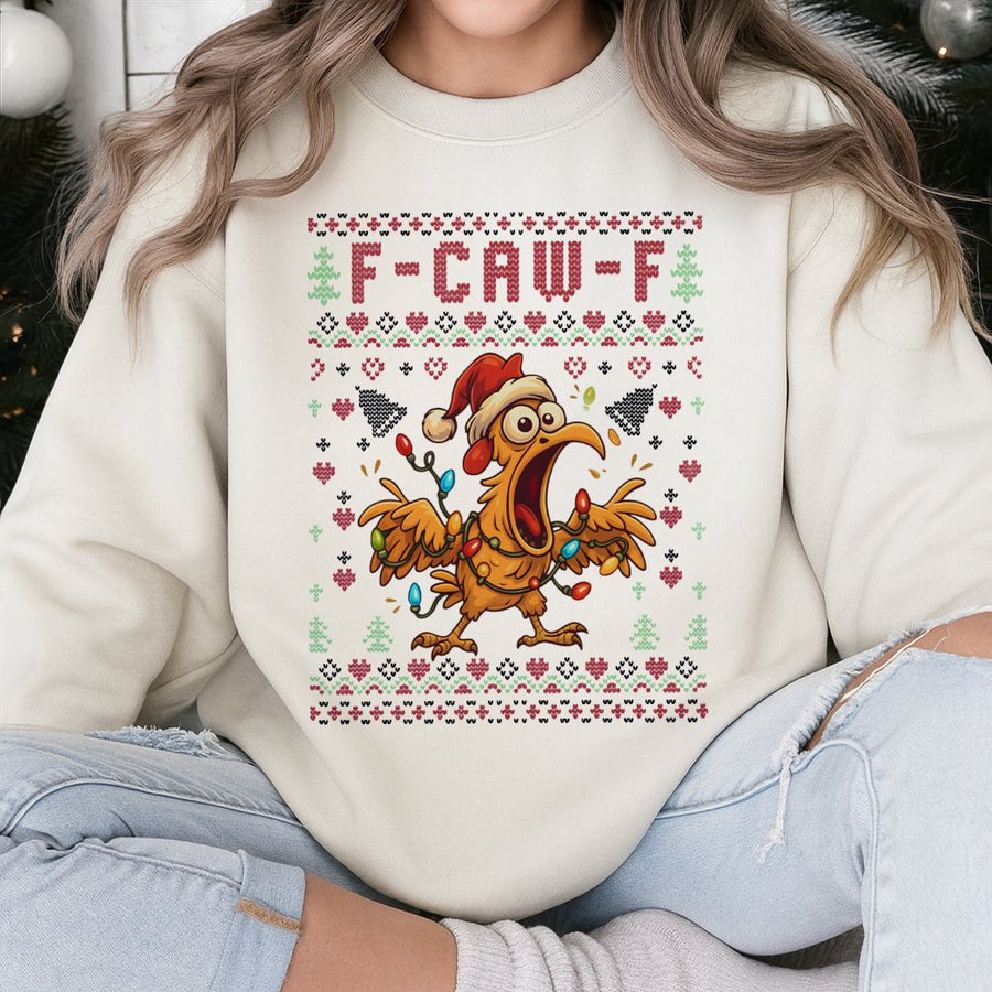 F-Caw-F Ugly Christmas Sweatshirt | Funny Screaming Chicken Holiday Design | Premium Cotton Blend Crewneck | Unisex Gift for Xmas Party
