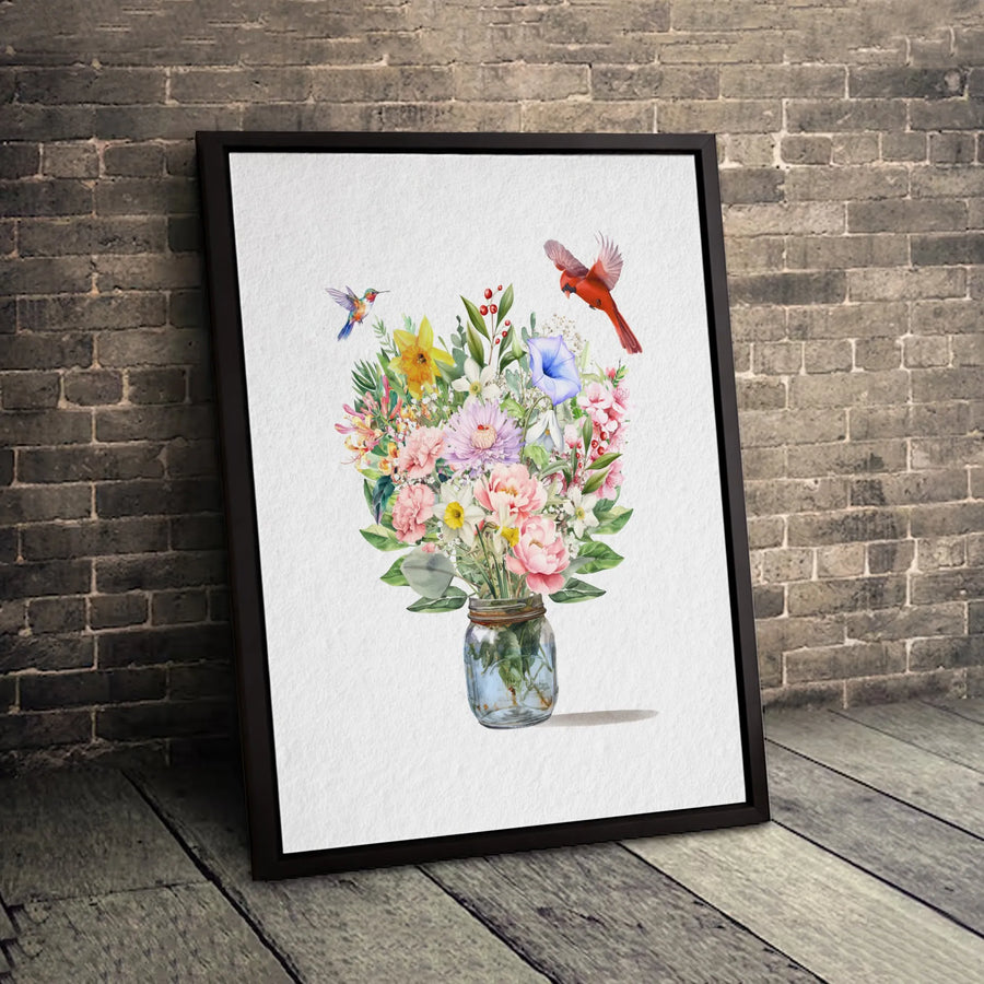 Watercolor Flower Bouquet Canvas Wall Art | Mason Jar with Hummingbird and Cardinal | Premium Gallery-Wrapped Print | Floral Home Decor Gift