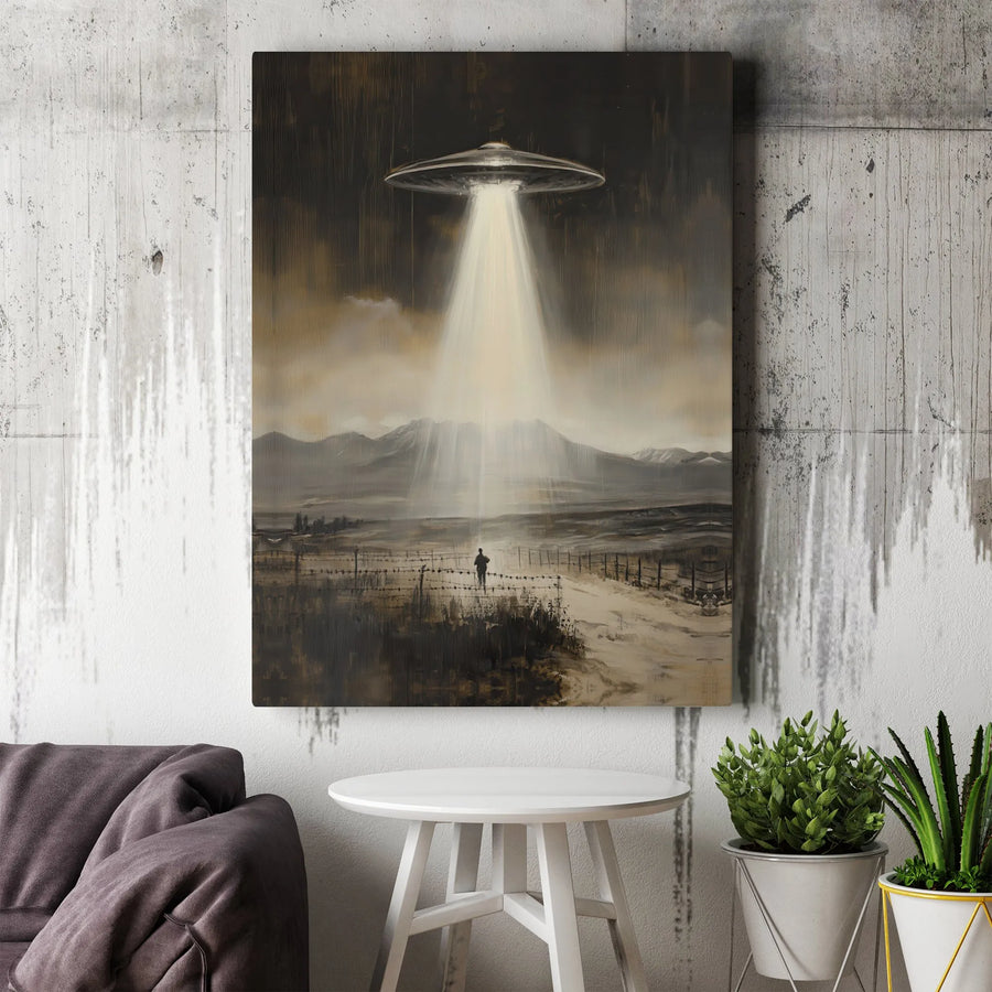UFO Abduction Canvas Wall Art | Vintage Alien Encounter Painting | Premium Thick Profile Print | Collector's Gift for Sci-Fi Fan