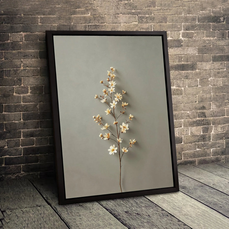 Minimalist White Flowering Branch Canvas Print | Botanical Wall Art on Sage Grey | Premium Fade-Resistant Gallery Wrap | Modern Home Office Decor