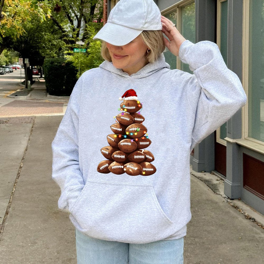 Football Christmas Tree Hoodie | Festive Sports Holiday Sweatshirt | Soft Cotton-Poly Blend | Cozy Winter Gift for Football Moms and Fans