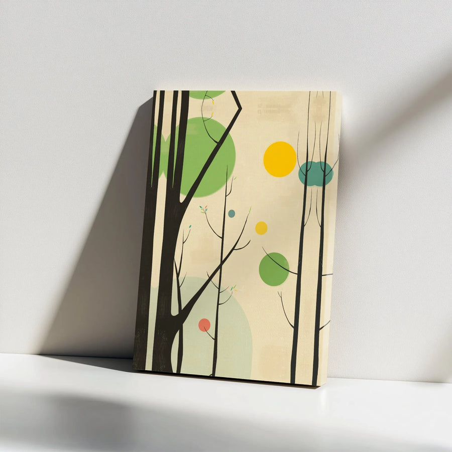 Mid-Century Modern Forest Vertical Canvas | Retro Geometric Tree & Sun Art | Premium 1.25 Inch Gallery Wrap | Minimalist Living Room Wall Decor Gift