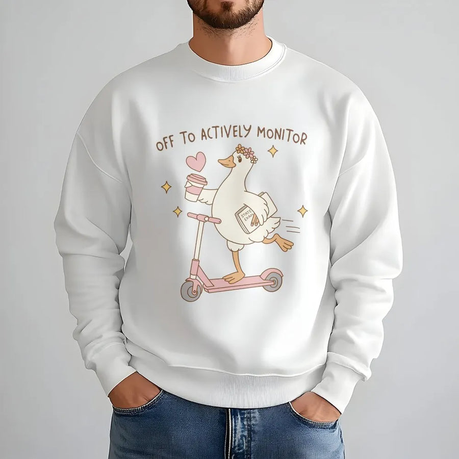 State Testing Teacher Sweatshirt | Funny 'Off To Actively Monitor' Goose Design | Soft Cotton Tee | Gift for Teacher Crew & Test Proctor