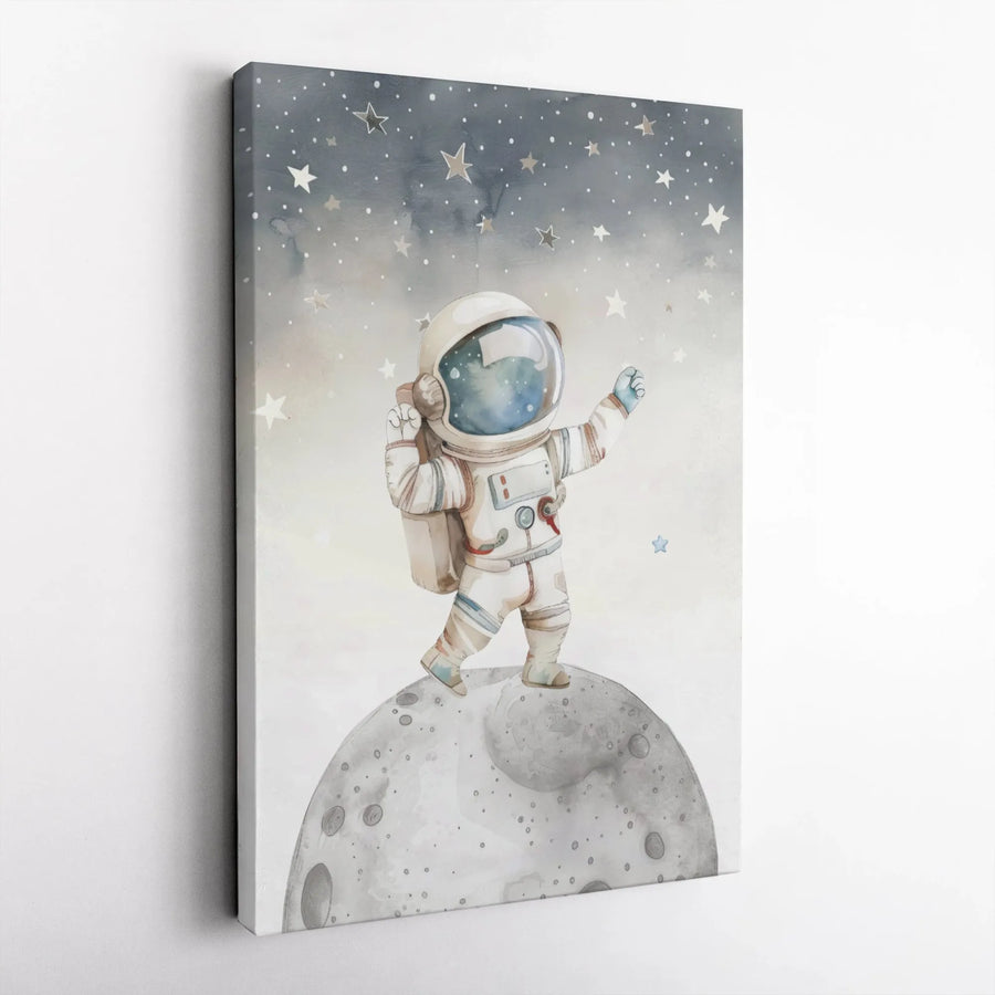 Watercolor Astronaut Canvas Wall Art | Cute Space Explorer on Moon Print | Premium 1.25-Inch Gallery Wrap | Nursery & Kids Room Space Decor Gift