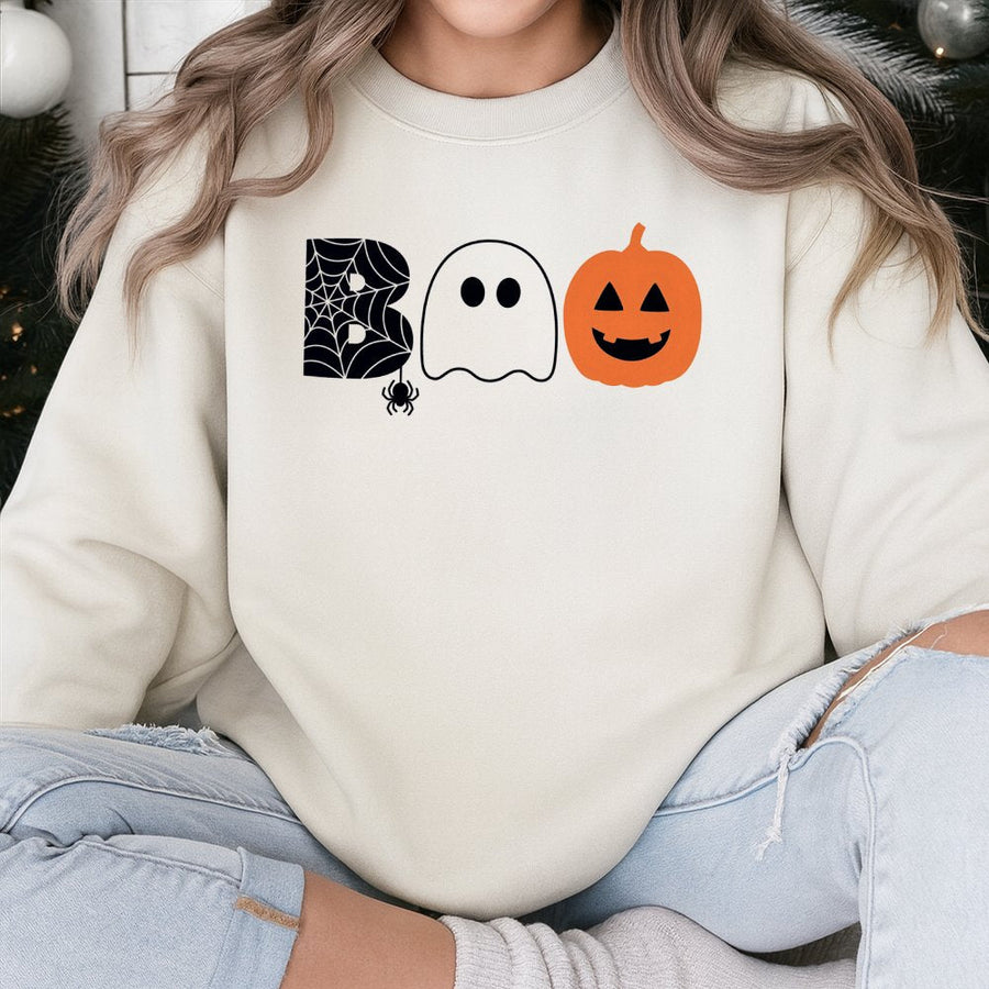 Boo Halloween Sweatshirt | Cute Ghost Spider Pumpkin Graphic | Premium Cotton Blend Crewneck | Unisex Funny Fall Holiday Gift for Adults