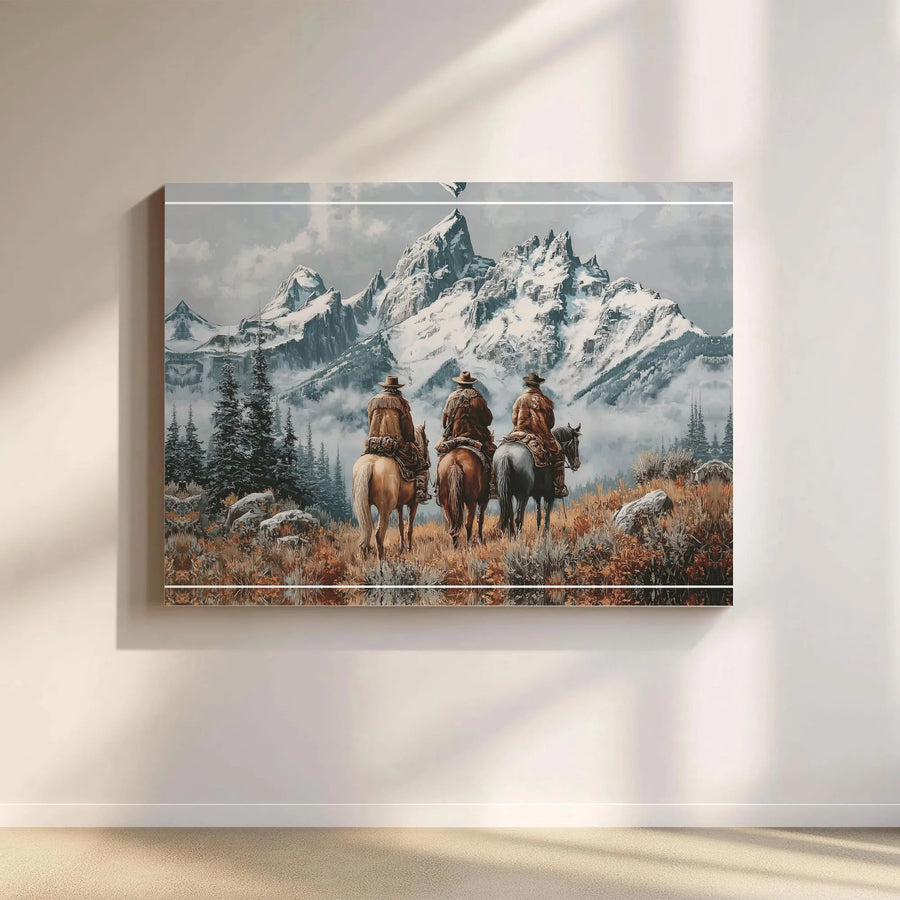 Western Cowboy Canvas Art | Three Riders in Snow-Capped Mountains | Premium Gallery Wrap | Rustic Lodge & Ranch Home Decor Wall Art