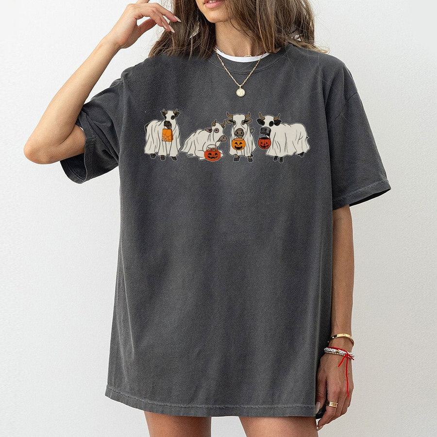 Halloween Ghost Cow T-Shirt | Funny Farm Animal Pumpkin Graphic | Premium 100% Cotton Tee | Cute Western Fall Gift for Women & Men