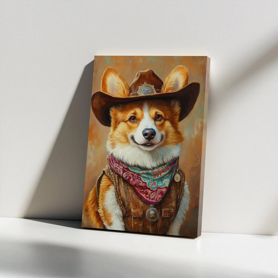 Cowboy Corgi Canvas Wall Art | Western Sheriff Dog Portrait | Premium Stretched Gallery Wrap | Unique Dog Lover Gift Decor