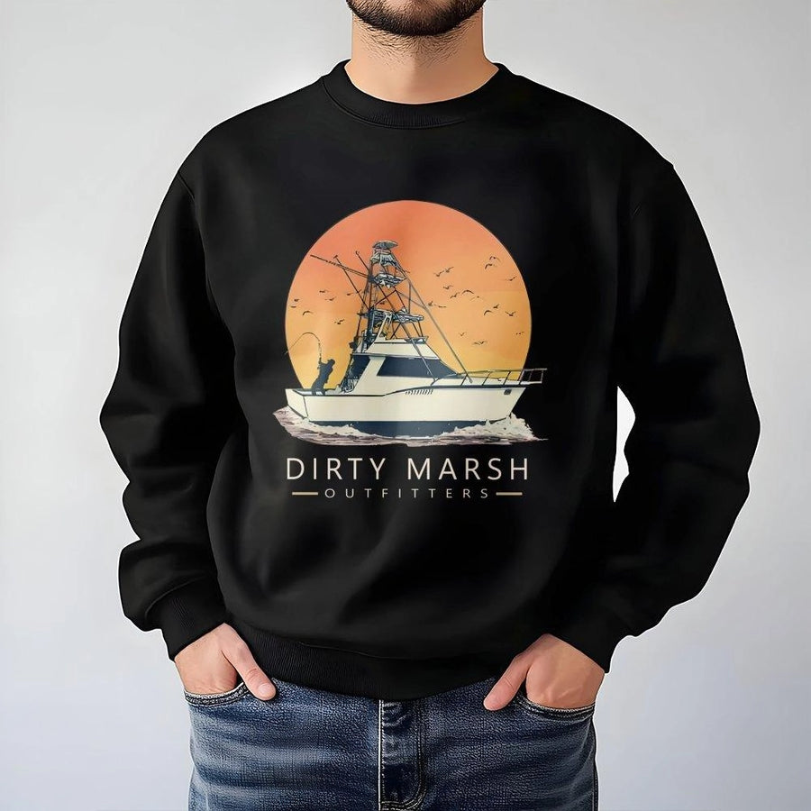 Offshore Fishing Sweatshirt | Sunset Boat Graphic Coastal Apparel | Cotton Blend Crewneck | Gift for Saltwater Angler & Boat Captain