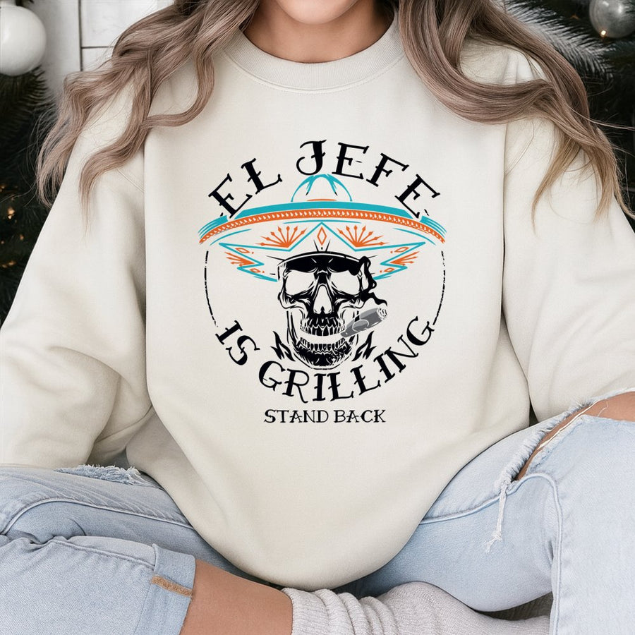 El Jefe Is Grilling Sweatshirt | Funny BBQ Skull Graphic With Sombrero | Premium Cotton Blend Crewneck | Gift For Pitmaster Dad & Grill Lovers