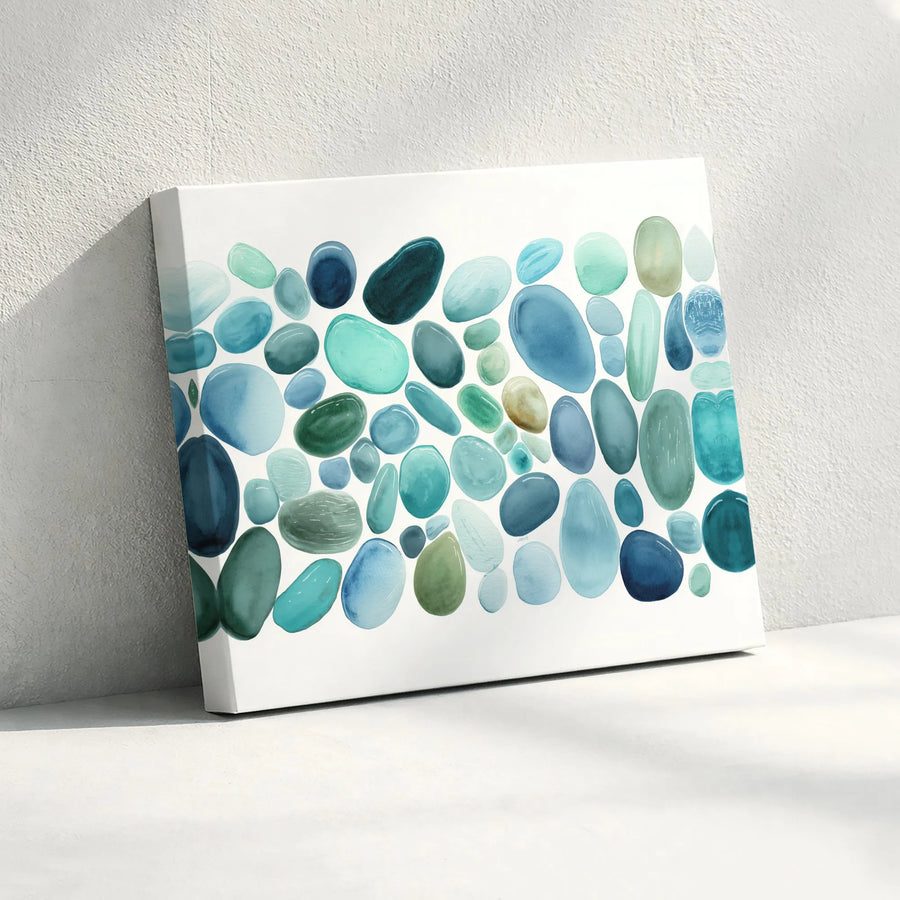 Coastal Pebbles Canvas Wall Art | Abstract Watercolor Sea Glass Painting | Premium Gallery Wrapped Canvas | Modern Minimalist Home Decor Gift